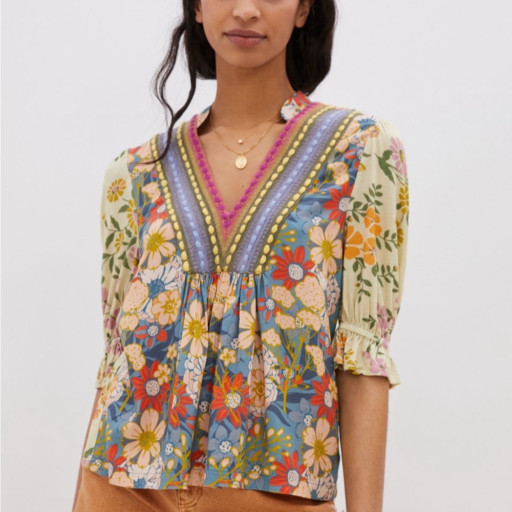 Anthropologie Blnk Stephanie Floral V-Neck Blouse Small